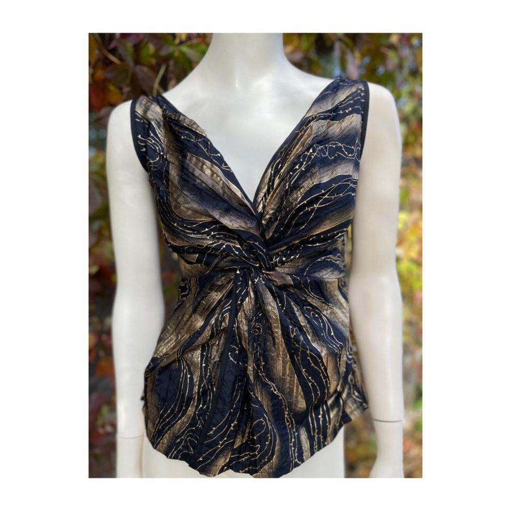 Maxmara Silk Top Black Gold Art Deco Twist Front V Neck